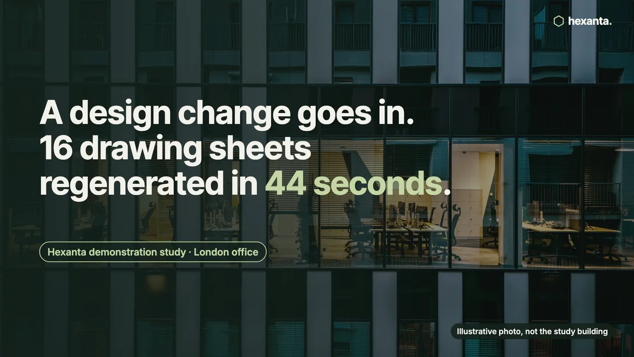 London Office · MEP Design: A design change goes in: 16 drawing sheets regenerated in 44 seconds.